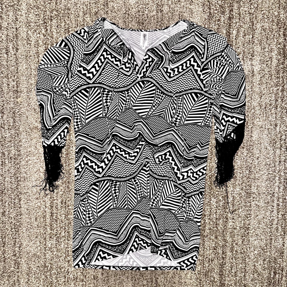 Kenneth Cole New York Women's Black White Graphic Blouse Dress 3/4 Sleeve